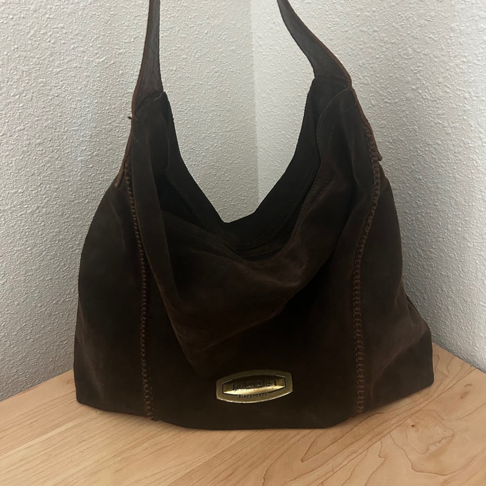 Nicoli Brown Italian Suede slouchy Shoulder Bag Whipstitch + inside pocket - Picture 2 of 12